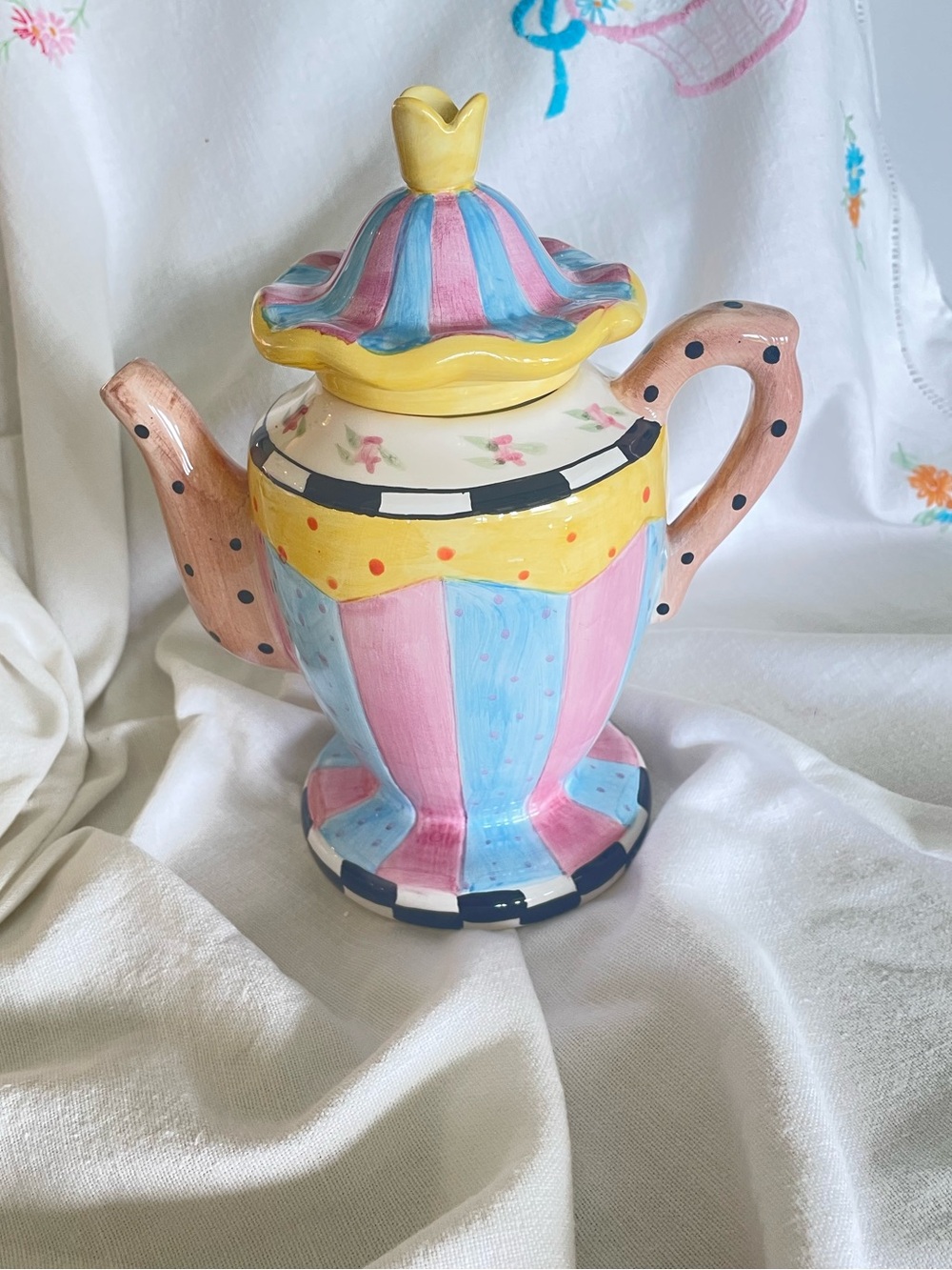 Hand-Painted Pastel Striped Ceramic Teapot Sculpture - Pink & Blue